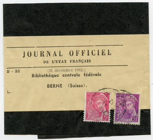 Bande du journal Officiel de l'Etat français expédiée en Suisse