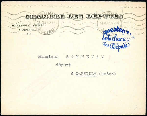 Lettre de la questure de la  Chambre des Députés au départ de Vichy
