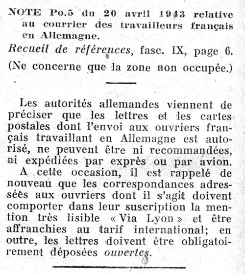 Courrier pour les ouvriers volontaires en Allemagne