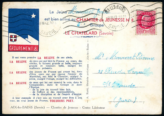 CP d'arrivée d'un jeune au Chantier de jeunesse du Chatelard