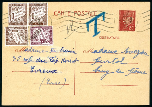 CP Pétain à 80c taxée à l'arrivée en zone-non-occupée-août 1942