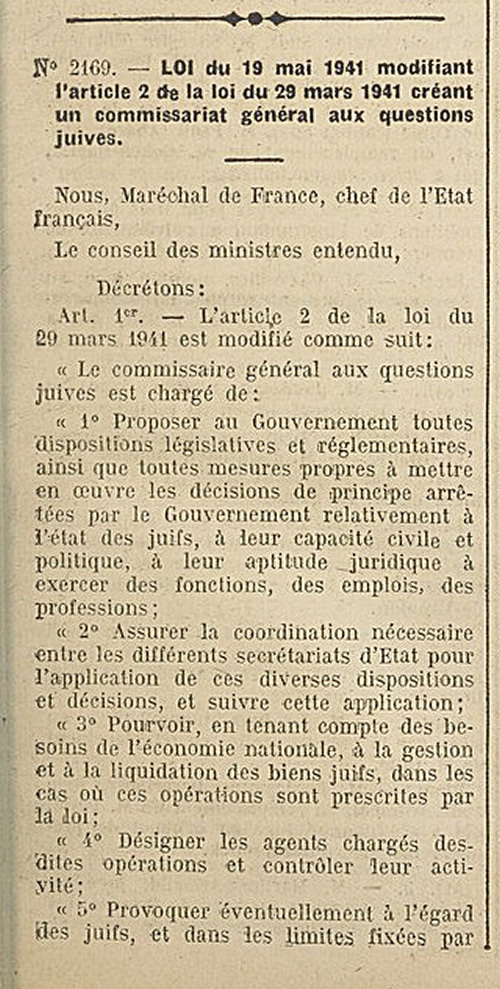 Complément sur les attributions du Commissariat aux Questions juives