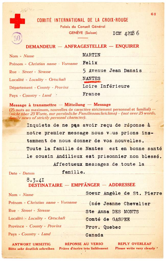 Message Croix-Rouge zone occupée-canada 1941