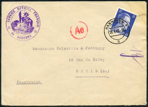 Cachet déesse assise Etat Français  Hanovre sur lettre