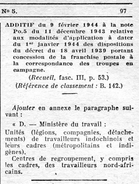 Extension de la Franchise Militaire aux M.O.I.