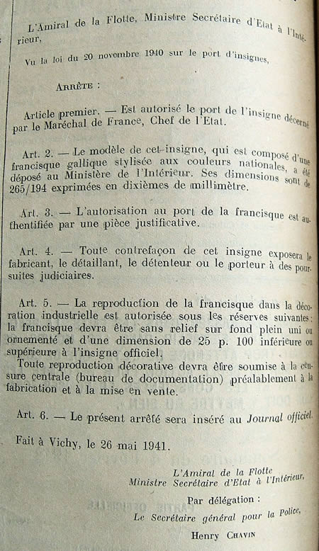 Arêté sur la Francisque