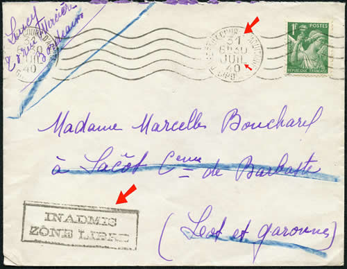 Lettre inadmise vers la zone libre 31/7/40