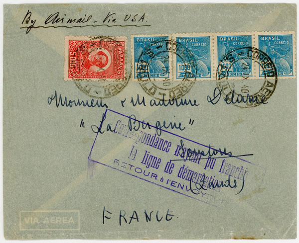 Lettre en provenance du Brésil pour  les Landes en zone occupée et retournée à l'envoyeur septembre 1940
