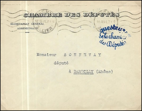 Lettre de la Questure de la Chambre des Députés 1941