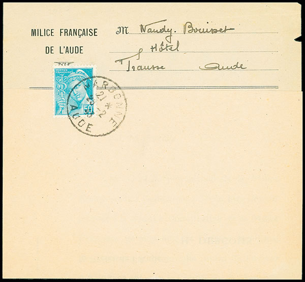 Imprimé de la Milice de l'Aude fevrier 1943