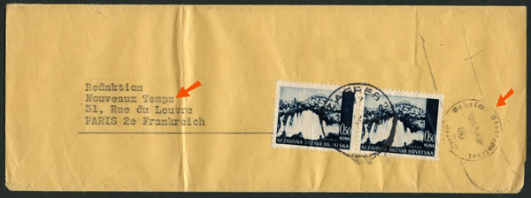 Bande Journal adressée de Zagreb pour le journal collaborationiste Nouveaux Temps