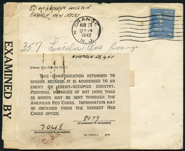 Lettre des USA retournée à l'envoyeur après débarquement AFN