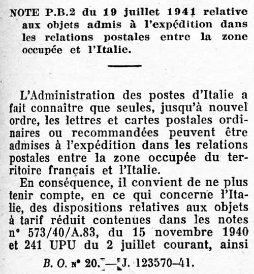 Relations postales zone occupée Italie