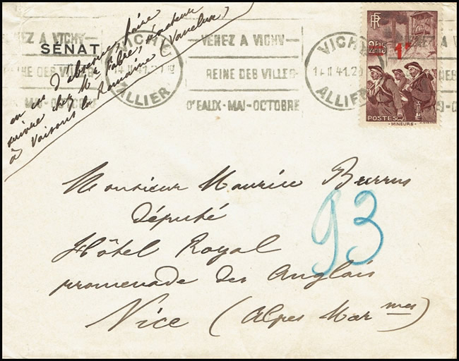 Lettre expédiée par un membre du Sénat à Vichy pour un député (Maurice Burrus) à Nice 14-2-1941 