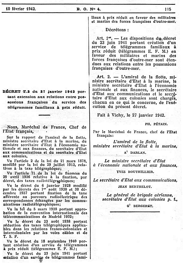 Extension aux Colonies des télégrammes EFM