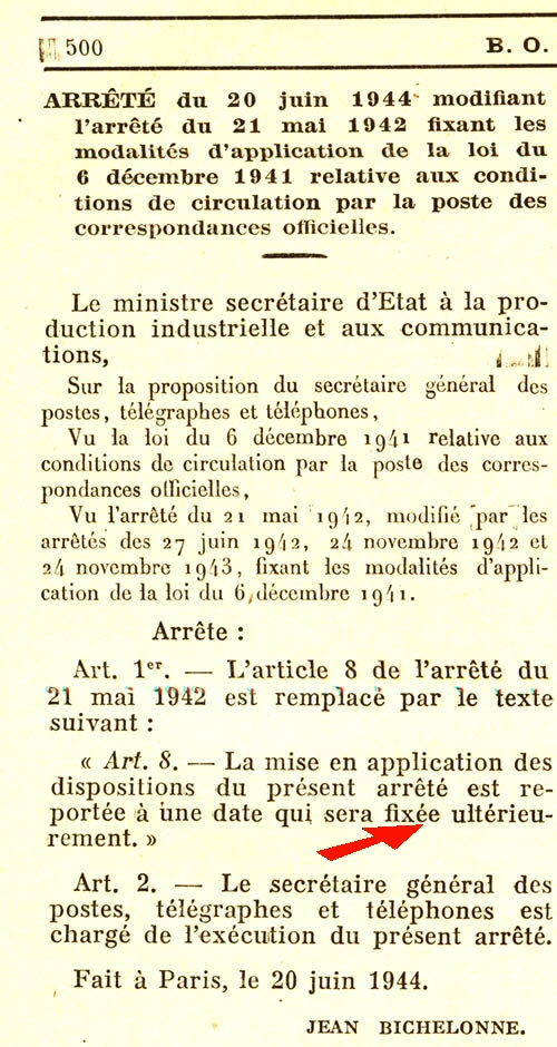 Report des timbres officiels 1944