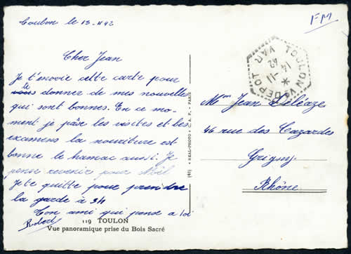 Carte avec cachet Toulon V) Dépot