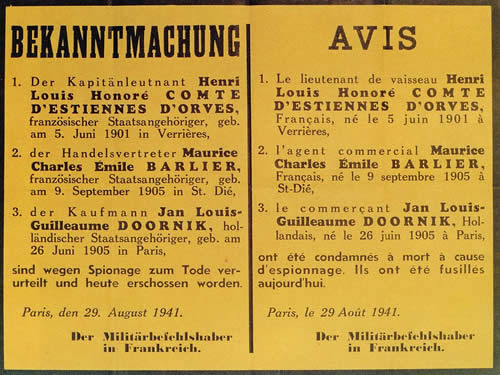 Avis d'éxecution de Honeré d'Estienne d'Orves