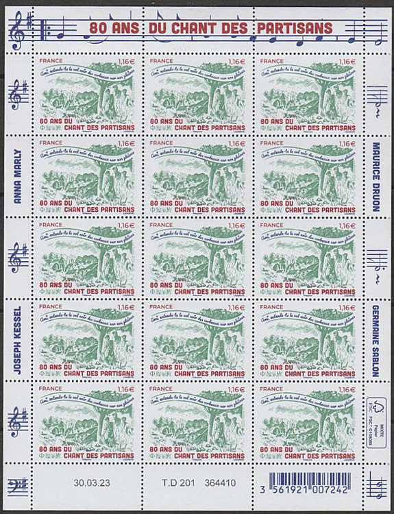 Bloc Feuillet du chant des partisans avec les divers auteurs