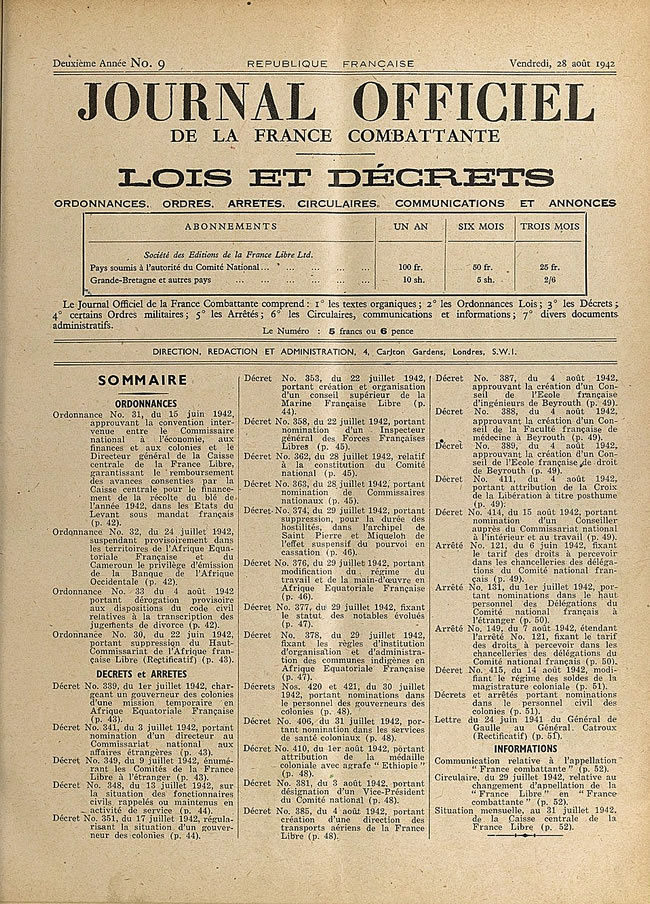 Premier numéro du Journal Officiel de la France en Guerre