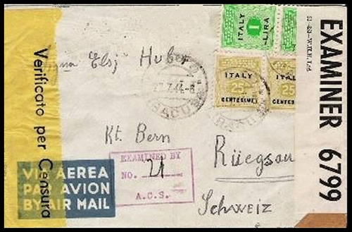 lerttre de Syracuse pour la Suisse 1943