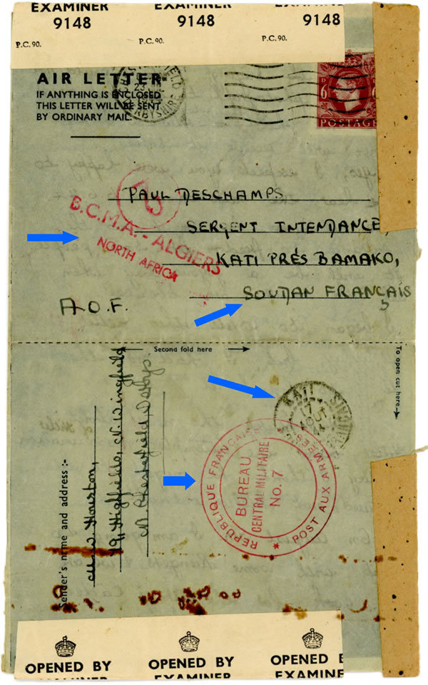 aérogramme britannique passé par le BCM 7 français et le  BCMA Algiers britannique pour le Soudan français