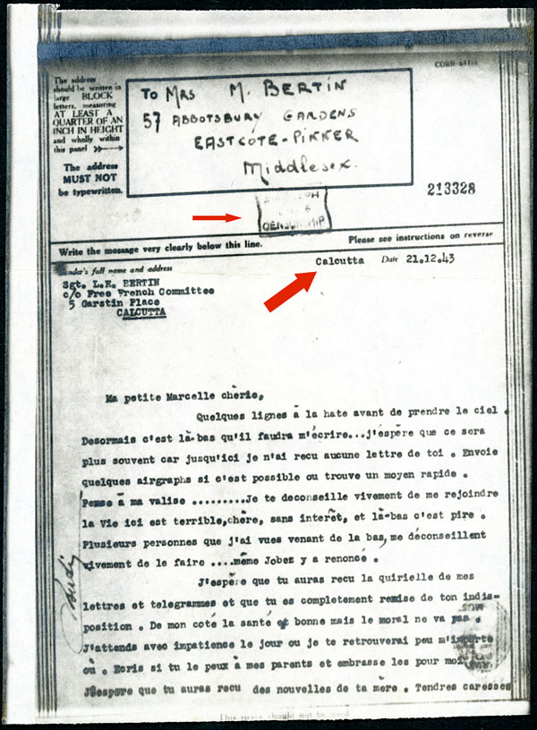 Airgraph utilisé par un soldat français à Calcutta