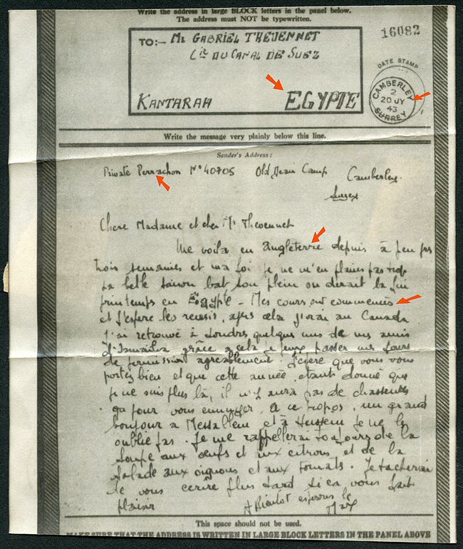 Airgraph d'un militaire français en formation en Angleterre pour l'Egypte