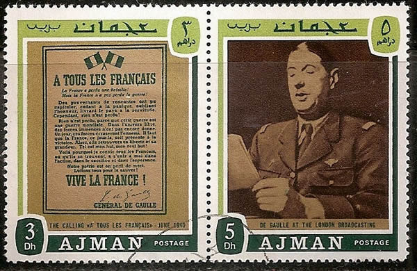 Timbre d'Ajman eprésentant l'affiche du discours du 18 juin 1940