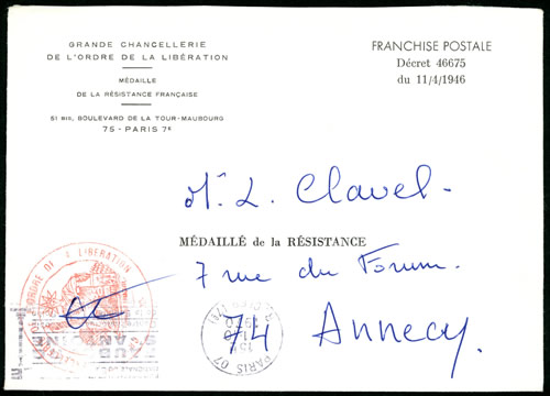 Lettre en franchise Chancellerie de l'Ordre de la Libération