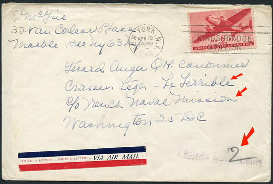 Lettre taxée US vers un marin français