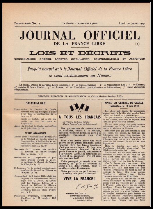 Premier numéro du J.O. de la France Libre