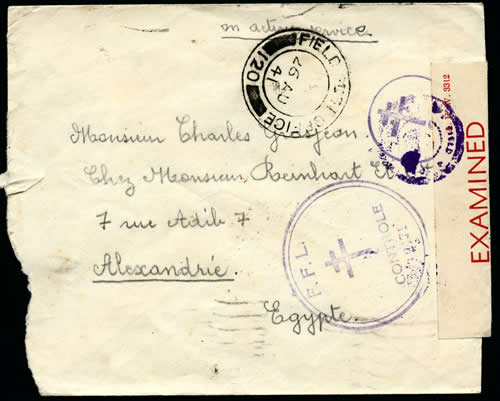 Lettre FFL en Palestine pour Alexandrie