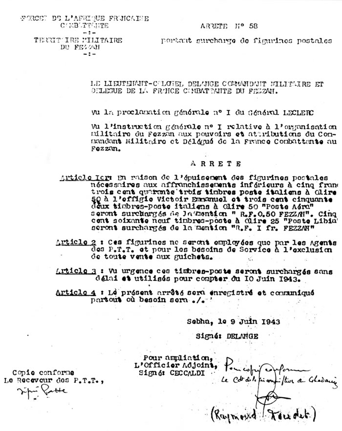 Arrêté autorisation la surcharge locale de timbres au Fezzan juin 1943
