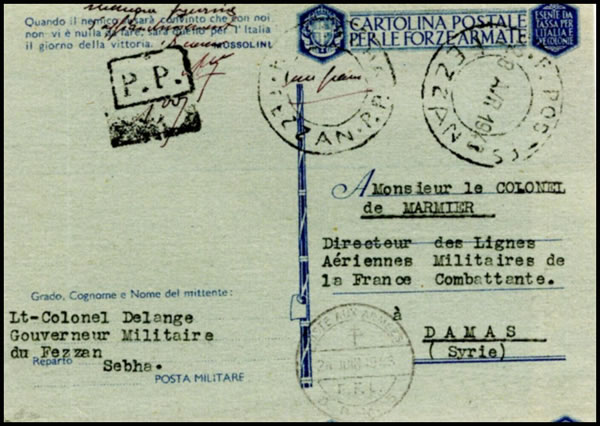 CP Sebah Damas 28-4-43 affranchissement en port-payé