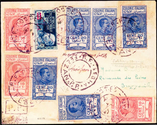 Lettre du Fezzan 30 avril 1943 avec timbrs colonies italiennes
