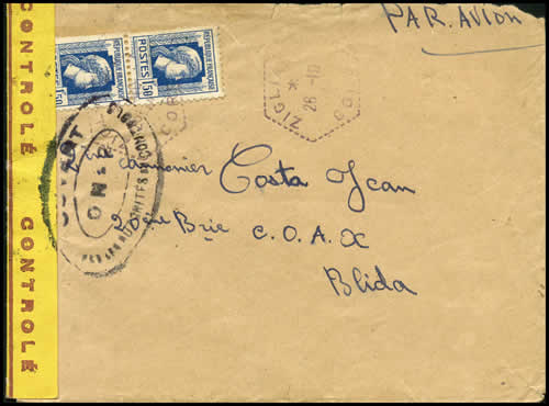 Paire du 1F50 sur lettre pour l'Algérie par avion