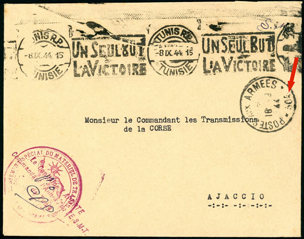 Lattre de Tunis pour Ajaccio avec cachet BPM 504 en arrivée