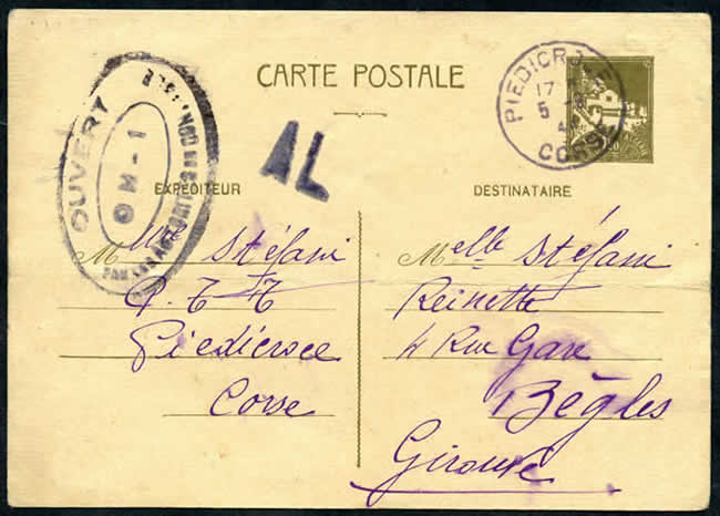 CP 1F20 Algérie utilisée en Corse