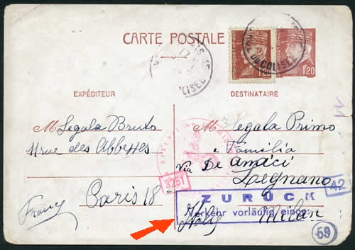 Cp pour l'Italie retournée à l'envoyeur