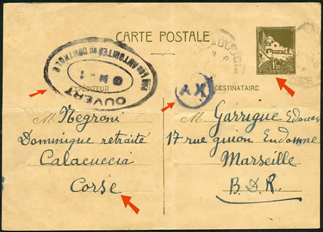 Entier 1F20 Mosquée d'Algérie utilisé en Corse