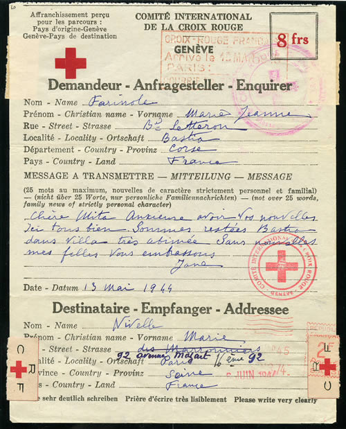 Message Croix-Rouge de bastia vers Paris