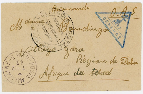Lettre de Tunisie BPM 5 pour le Tchad 7/12/43