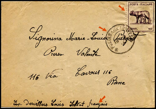 Lettre locale avec timbre italien oblitérée Poste aux Armées