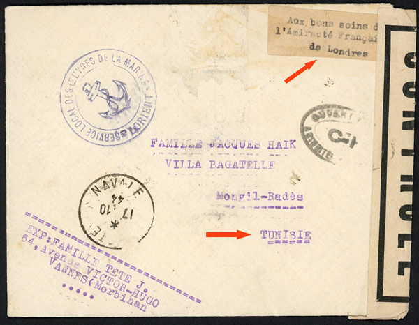 Lettre de Vannes pour Tunis via l'Amirauté de Londres