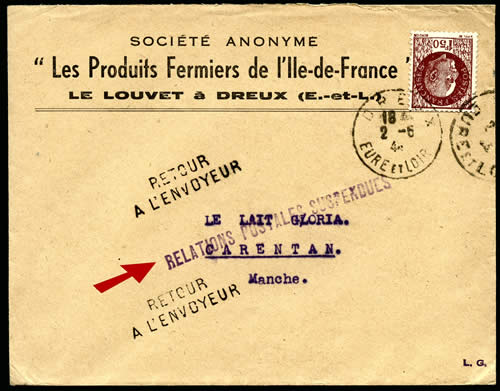 Lettre de Dreux 2/6/44 retournée à l'envoyeur
