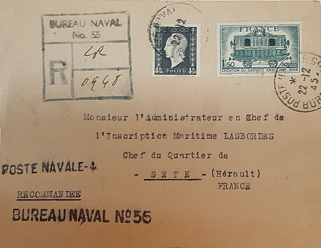 Griffe bureau naval 55 une ligne sur lettre recommandée