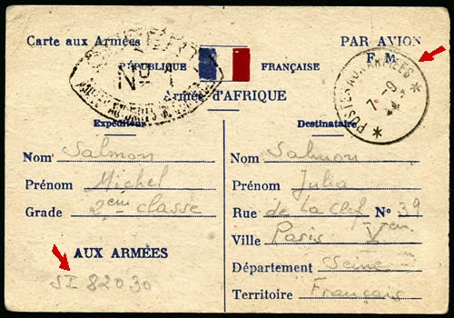 Carte FM Armée d'Afrique utilisée par la 2ème DB