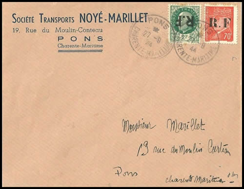 Timbres surchargés RF de Pons sur lettre