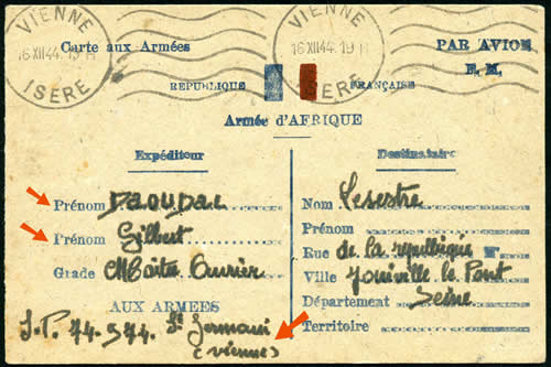 Carte FM Armée d'Afrique utilisée en Isère